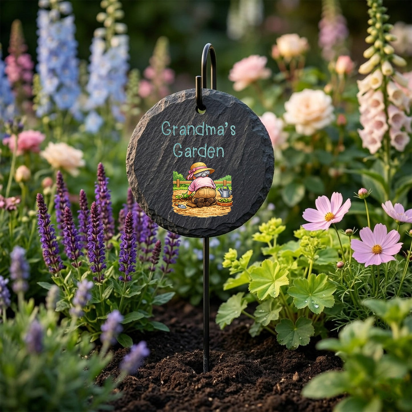 Personalised Garden marker with 'Grandma's Garden' text and illustration in a flower garden.