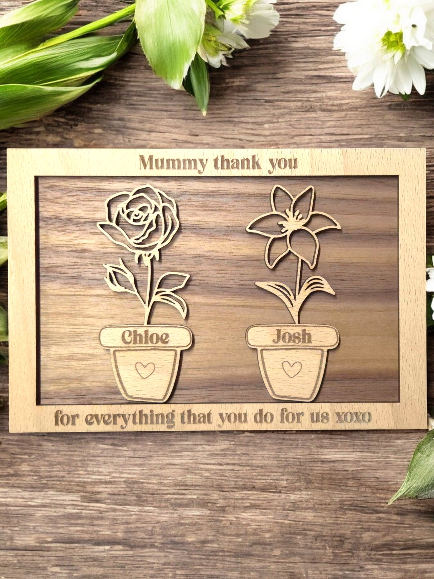 Personalised Birth Flower Frame with engraved family names and birth month flowers for Mum or Grandma"