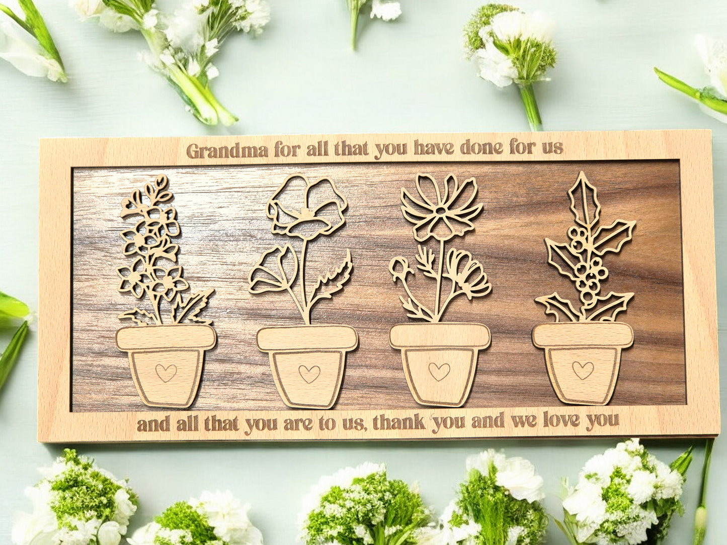 Personalised Birth Flower Frame with engraved family names and birth month flowers for Mum or Grandma"