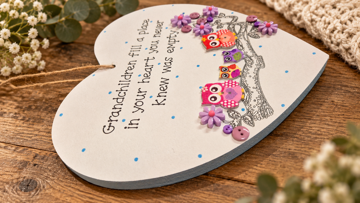 Grandchildren owl heart plaque with four owls displayed on a rustic wooden table