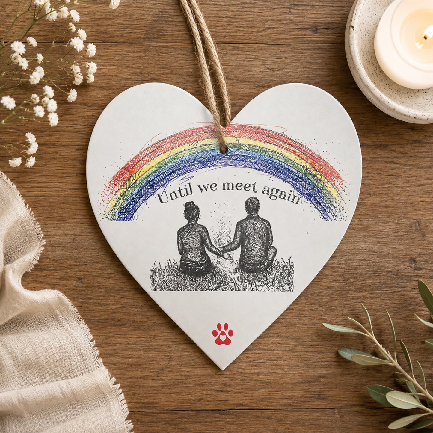 Until we meet again personalised dog memorial heart plaque displayed on a table