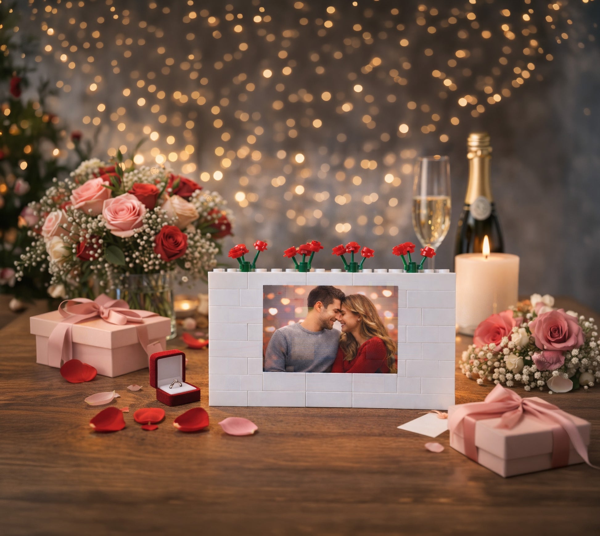 Romantic setting with flowers, candles, and a personalised photo of a couple on lego bricks on a wooden wedding scene table.
