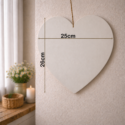 Heart plaque size guide showing 25cm wide × 26cm high