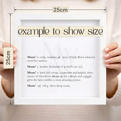 Framed definition picture held by a person to show size, with dimensions indicated.