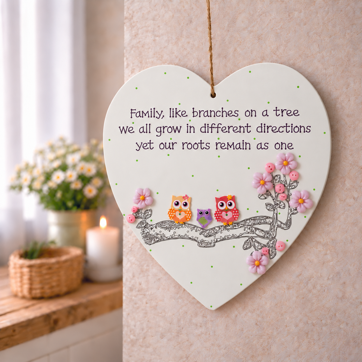 Personalised family owl heart plaque with 3 owls on a branch