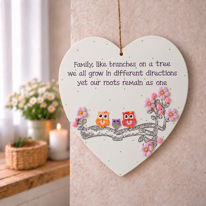 Personalised family owl heart plaque with 3 owls on a branch