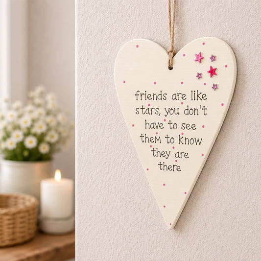 Tall Chunky Wooden Heart Plaque - Friends are Like Stars