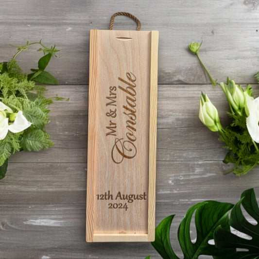 Personalised engraved wooden wine box wedding gift with names and date