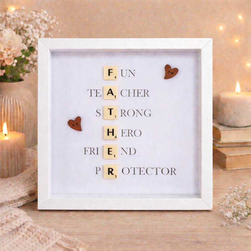 Framed artwork with Scrabble tile letters spelling out FATHER and a message definition of father on a wooden surface.