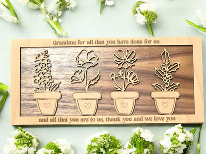 Personalised Birth Flower Frame with engraved family names and birth month flowers for Mum or Grandma"