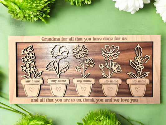 Personalised Birth Flower Frame with engraved family names and birth month flowers for Mum or Grandma"