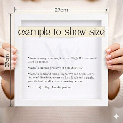 27cm x 27cm white box frame shown held in hands for size reference