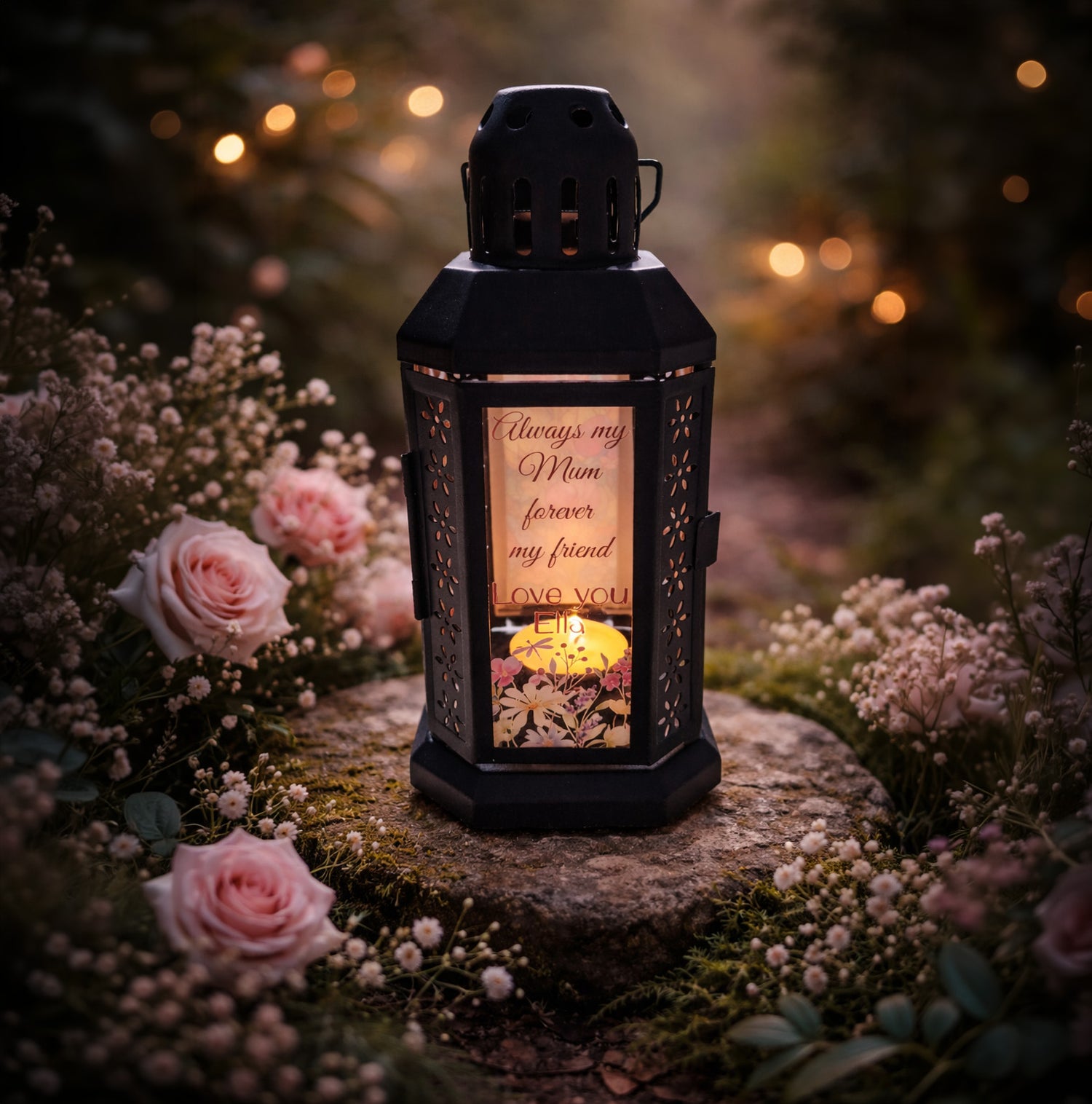 Personalised floral glass lantern engraved with Mum message, glowing among roses and flowers outdoors