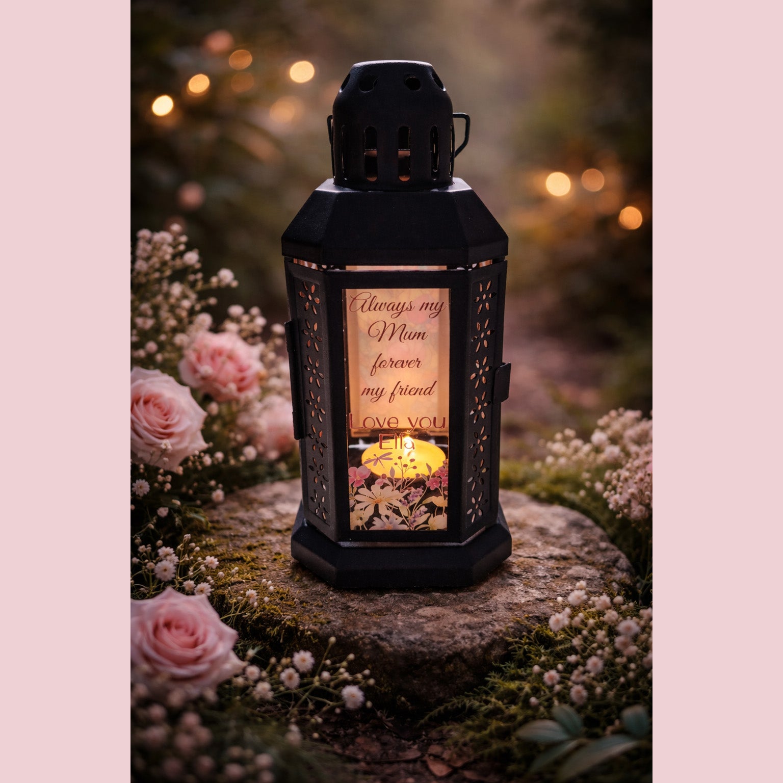 Personalised floral glass lantern with “Always my Mum” message illuminated outdoors among flowers