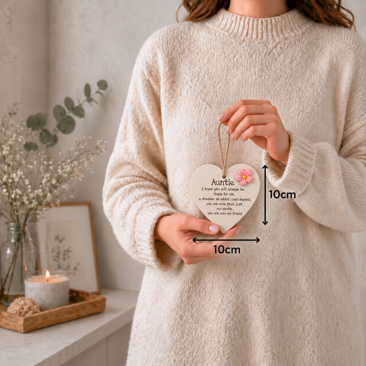 Woman holding Auntie wooden heart plaque with 10 cm by 10 cm dimension guide