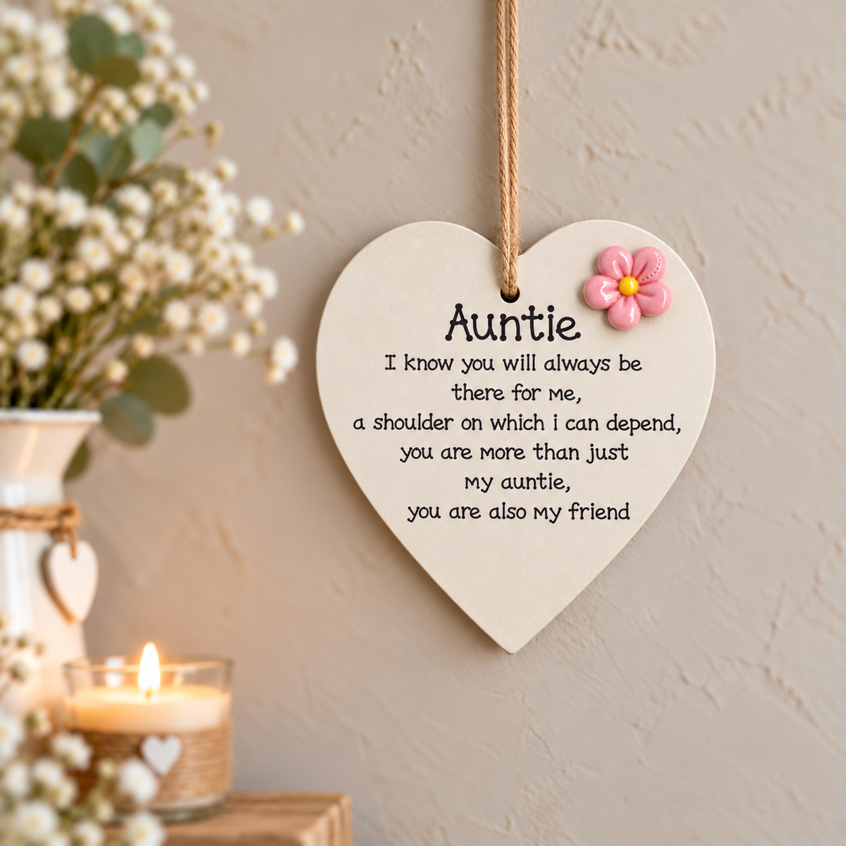 Auntie wooden heart plaque with friendship message and pink flower hanging on a neutral wall