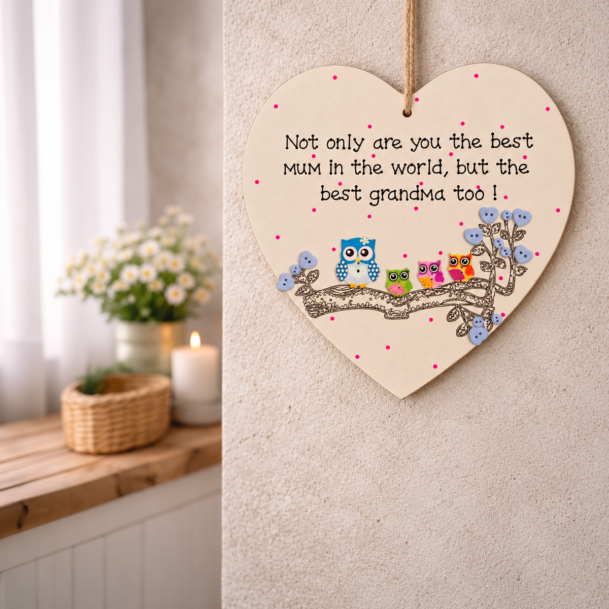 Best Mum and Grandma 20cm wooden heart owl plaque hanging on beige textured wall