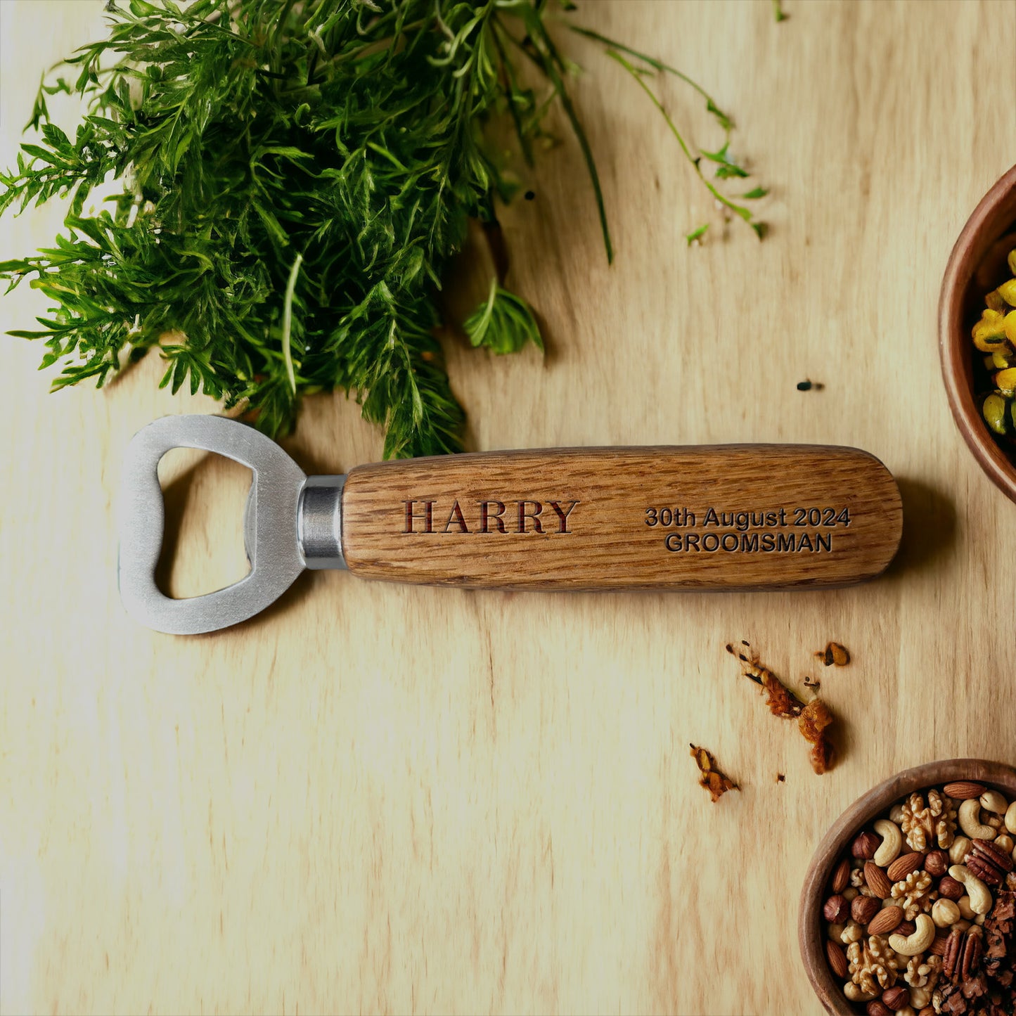 Personalised Engraved wooden bottle opener with natural wood handle and stainless steel opener for wedding or groomsmen gift.