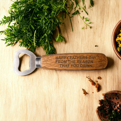 Personalised wooden bottle opener engraved with Happy Fathers Day message, stainless steel opener with natural wood handle.