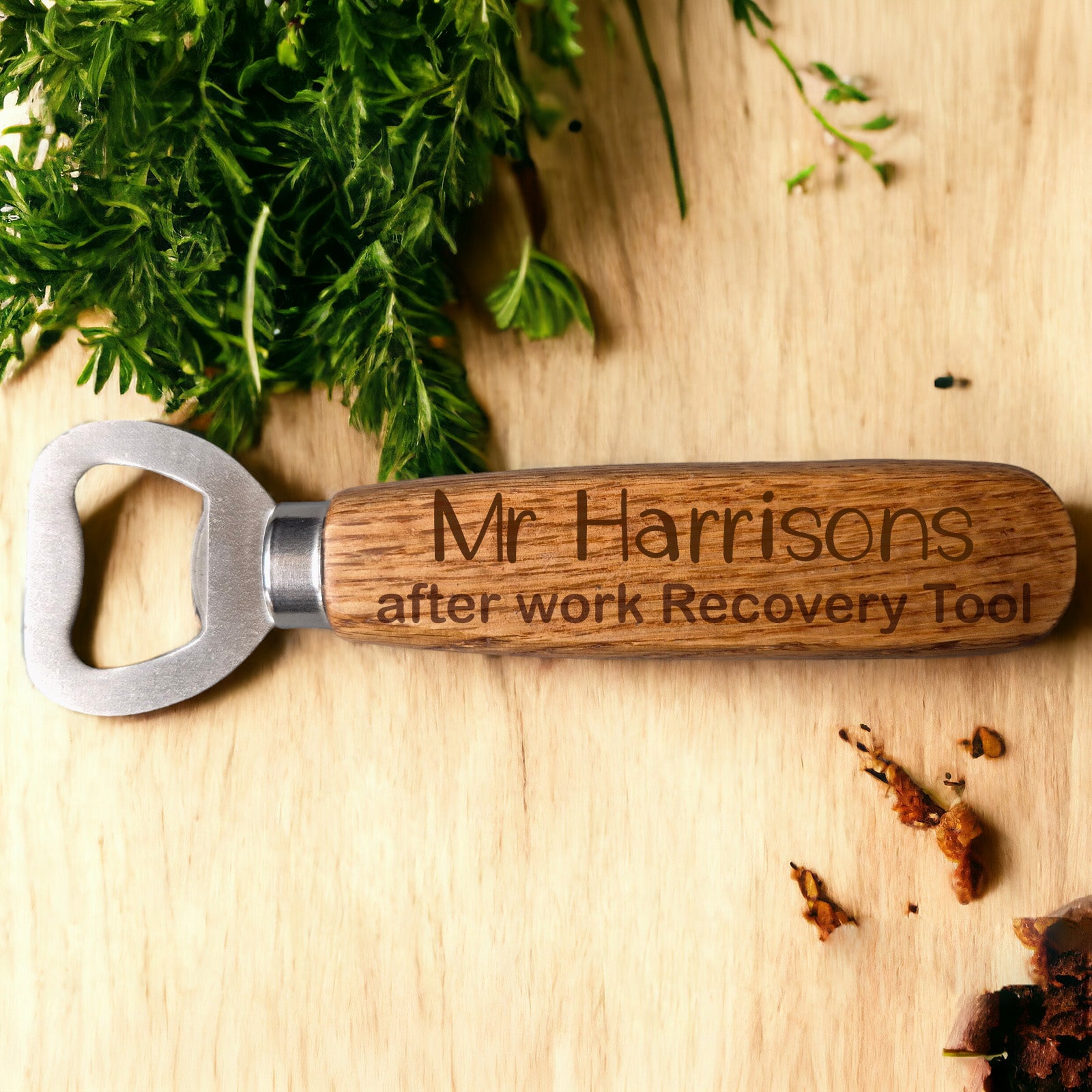 Personalised wooden bottle opener engraved with humorous message after work recovery tool, stainless steel opener with natural wood handle.