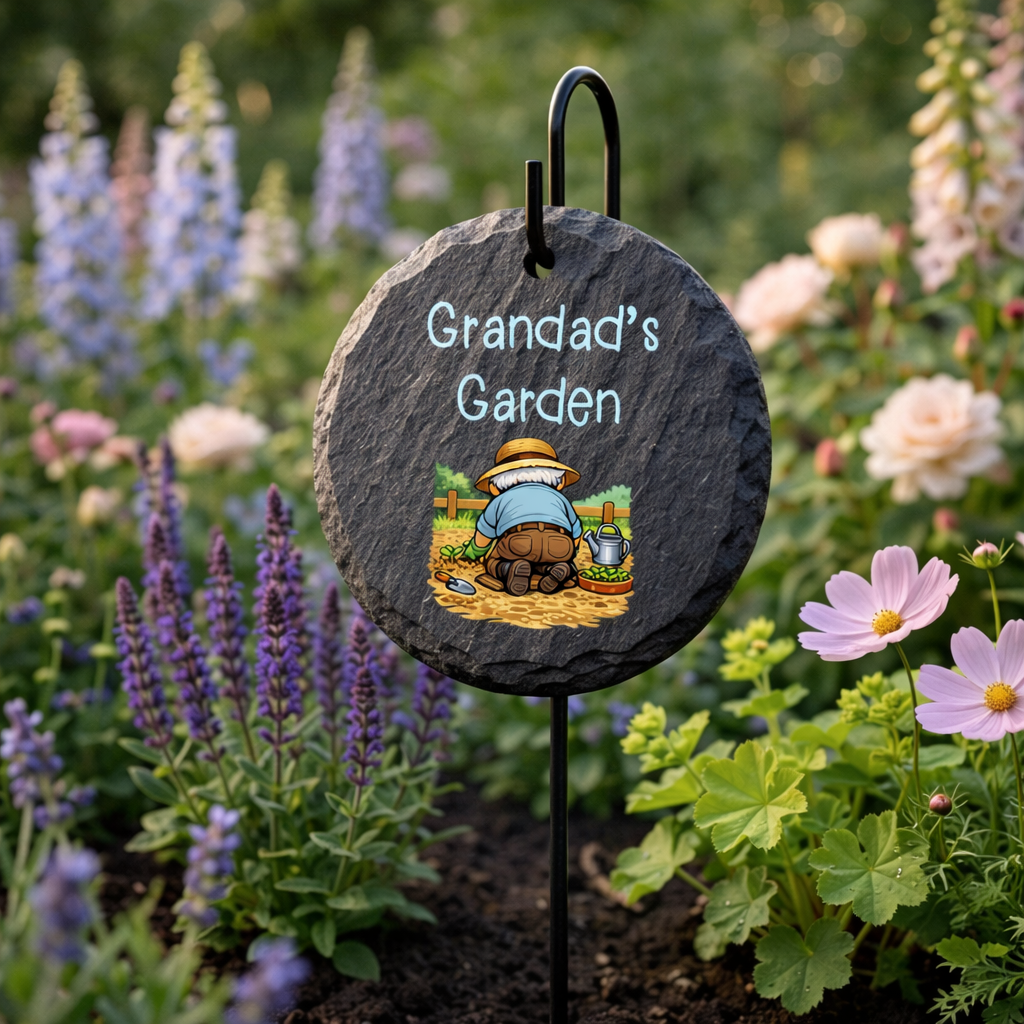 Personalised Slate garden marker with 'Grandad's Garden' text and illustration in a garden setting.