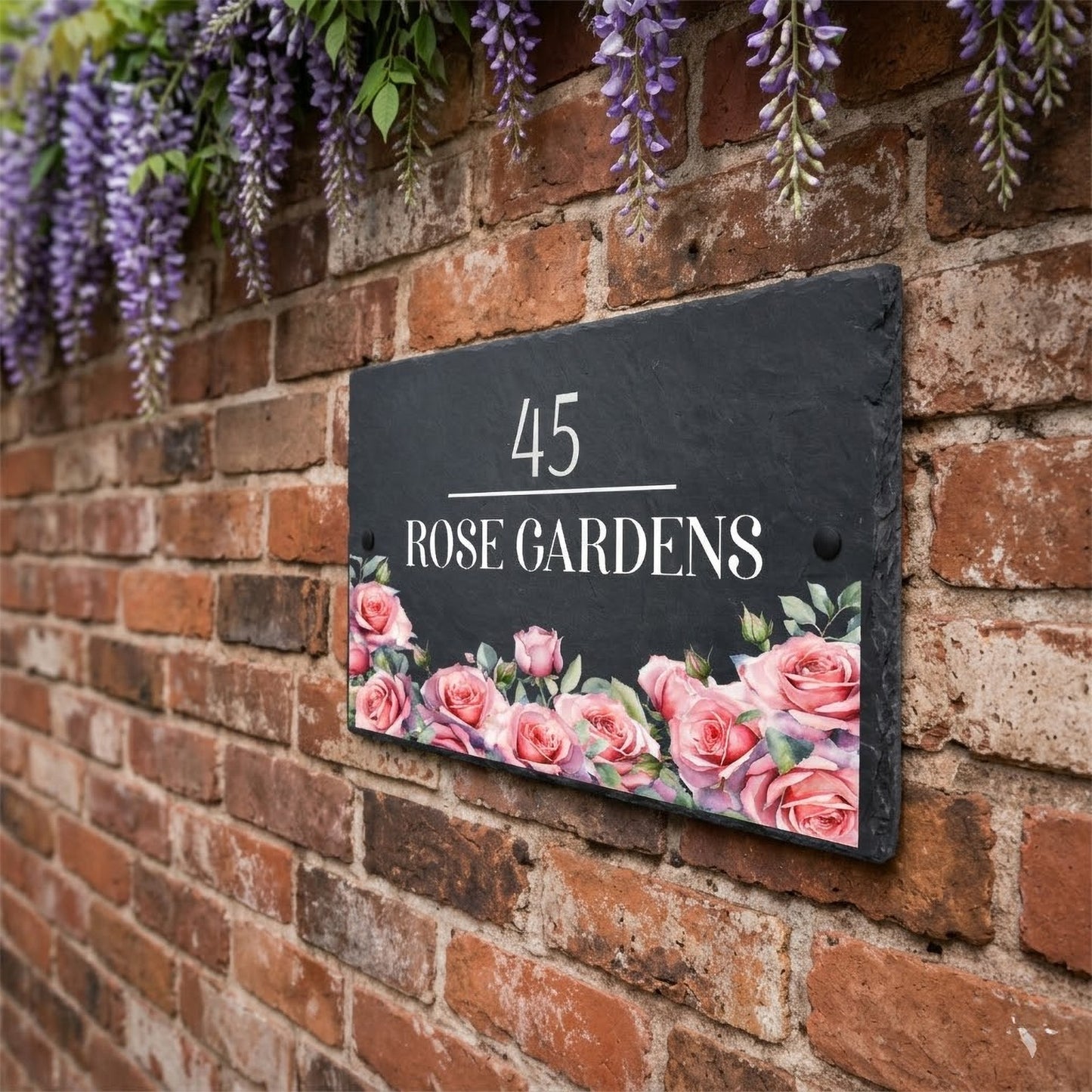 custom slate house name and number sign with rose floral design