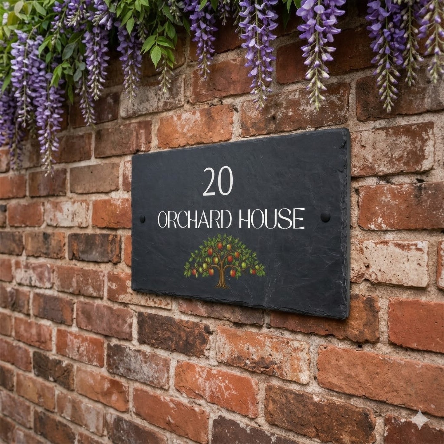 custom slate house name and number sign with an orchard tree design