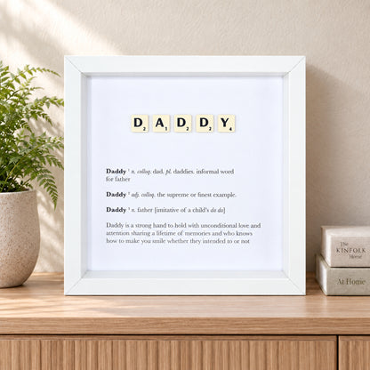 Daddy Scrabble-style definition frame displayed in a styled home interior