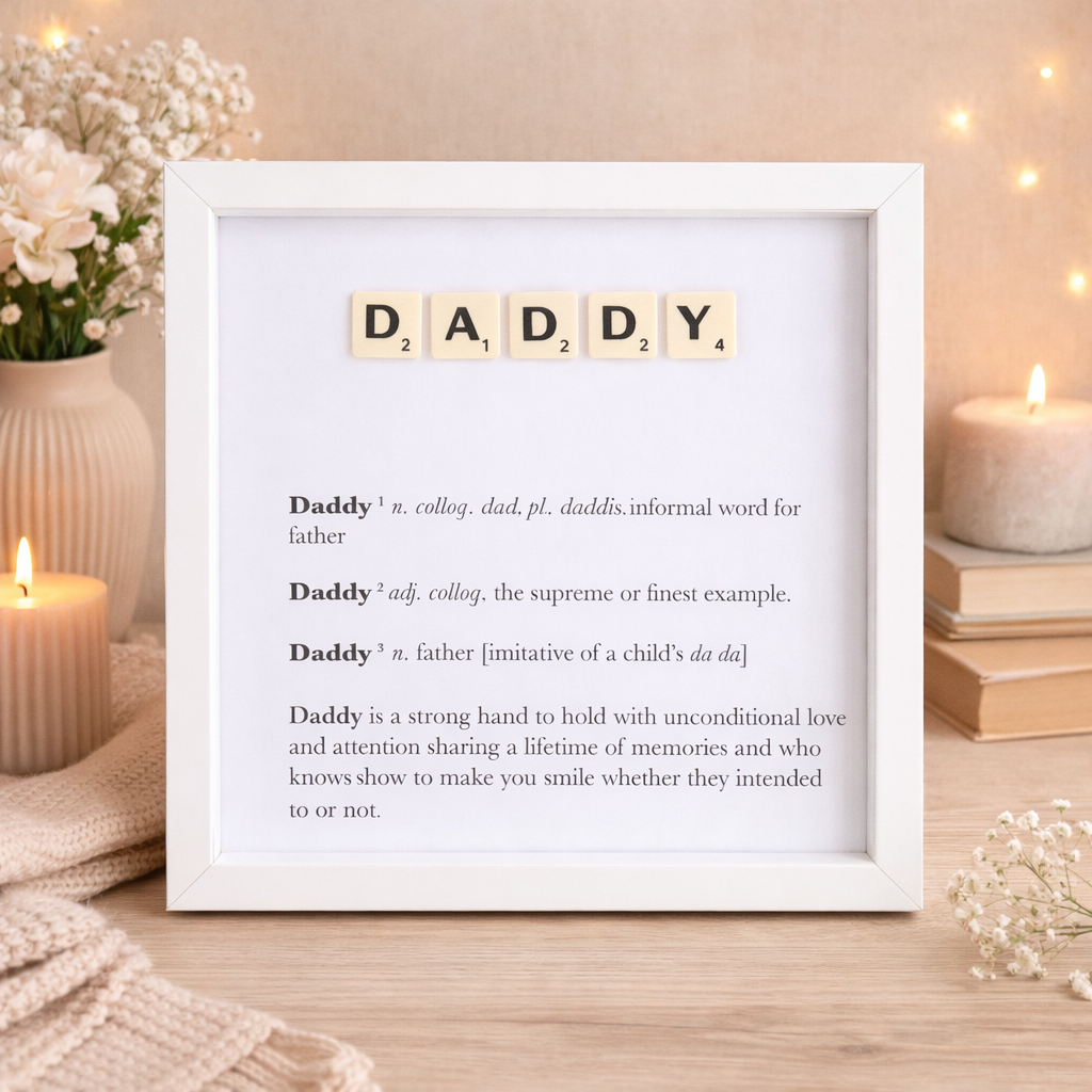 Framed decorative picture with 'DADDY' spelled out using tiles, with the meaning of daddy in text below 