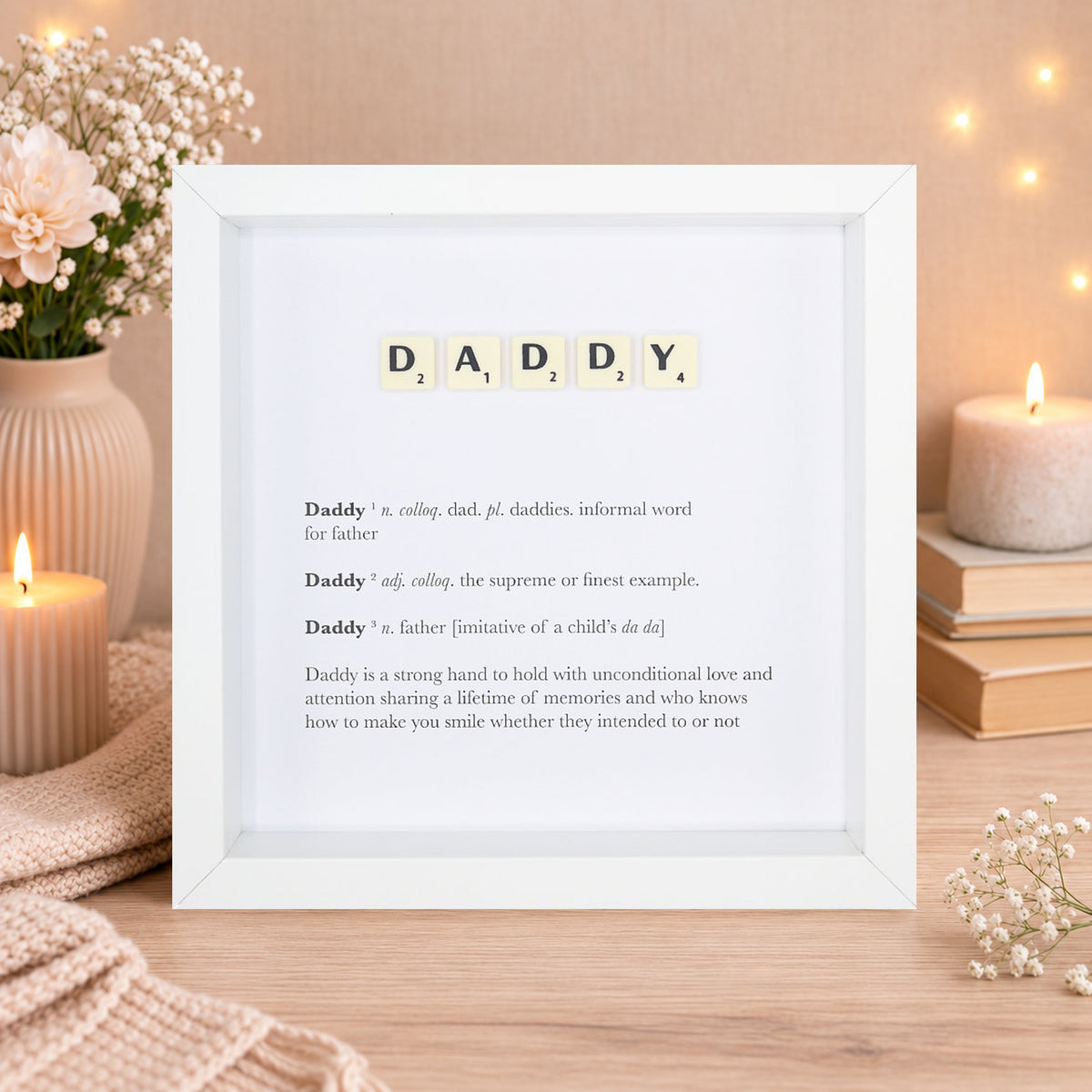 Daddy Scrabble-style definition boxed frame with Scrabble tiles