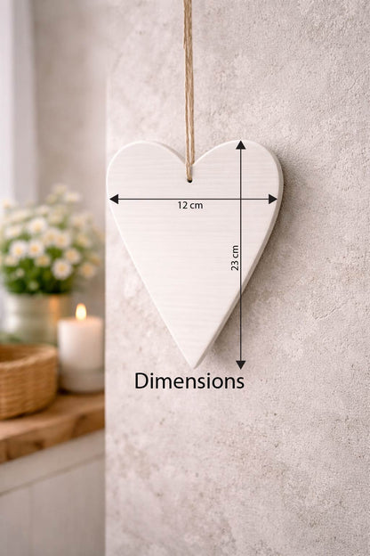 Size guide showing the dimensions of the tall wooden heart plaque, approximately 23 cm high and 12 cm wide