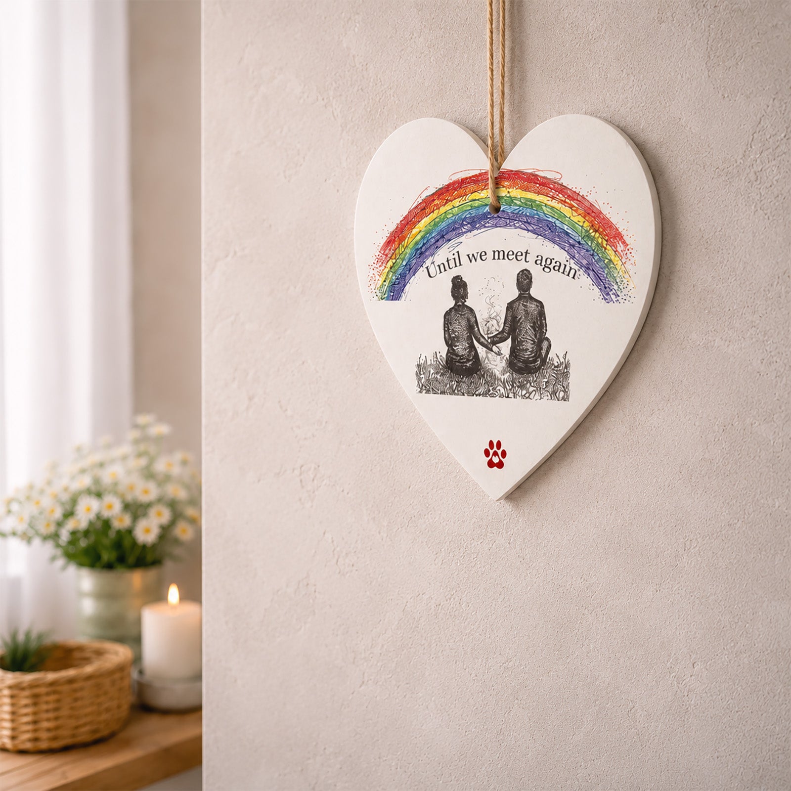 Heart-shaped decorative memorial dog plaque with a rainbow and two people sitting together with their dog who has passed