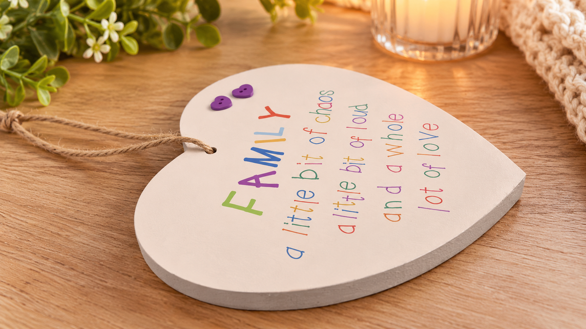 Close-up of the Family a little bit of chaos and a whole lot of love wooden heart plaque displayed on a warm wooden tabletop