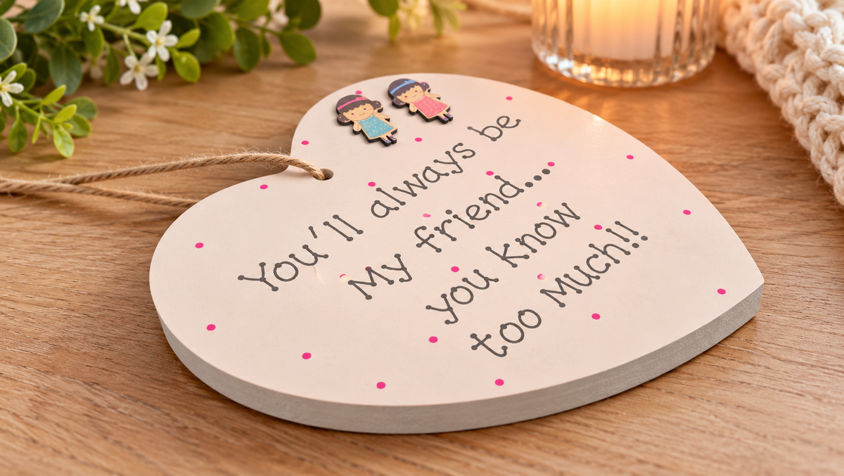 Close-up of the You’ll always be my friend, you know too much wooden heart plaque on a warm wooden tabletop