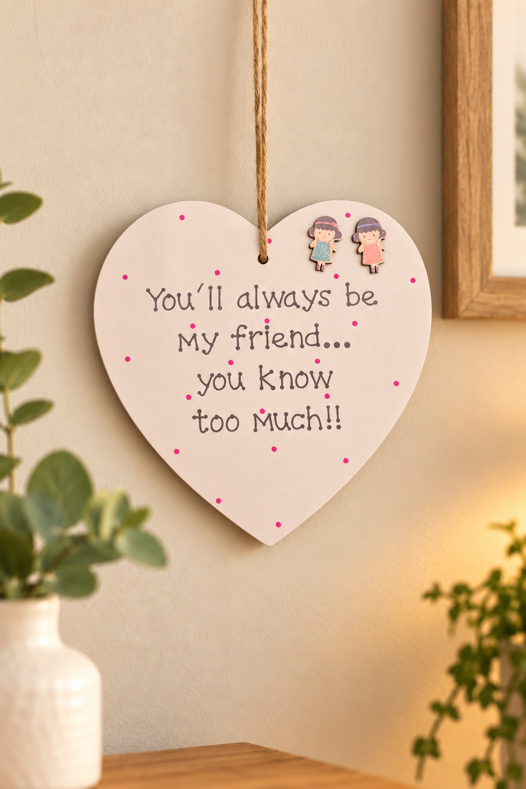 Friendship wooden heart plaque reading You’ll always be my friend, you know too much, displayed on a warm neutral wall