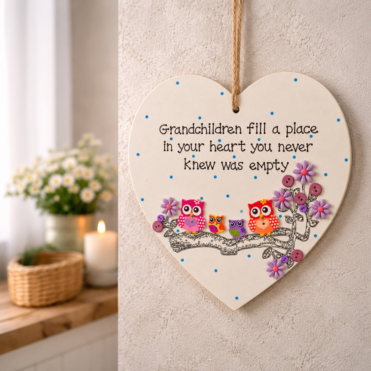 Grandchildren wooden heart plaque showing four owls as an example; choose from seven adult-and-child owl combinations