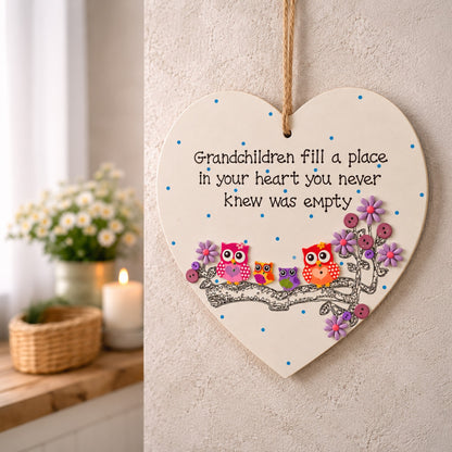 Grandchildren wooden heart plaque showing four owls as an example; choose from seven adult-and-child owl combinations