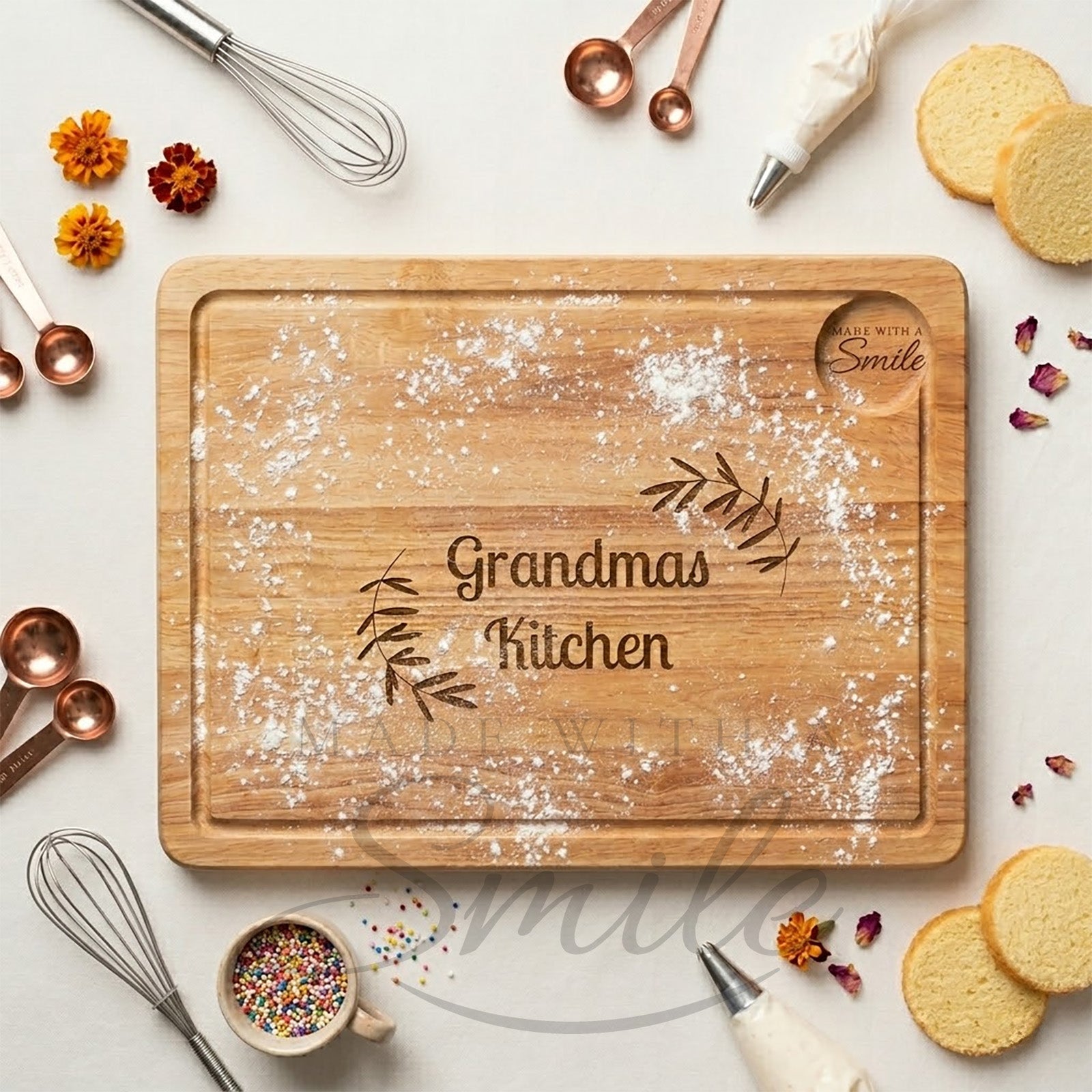 Wooden cutting board with 'Grandma's Kitchen' engraving on a kitchen counter with baking tools.