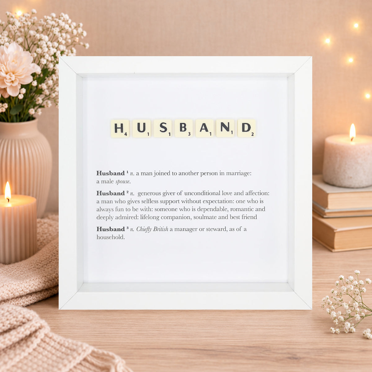 Husband Scrabble-style definition boxed frame with Scrabble tiles