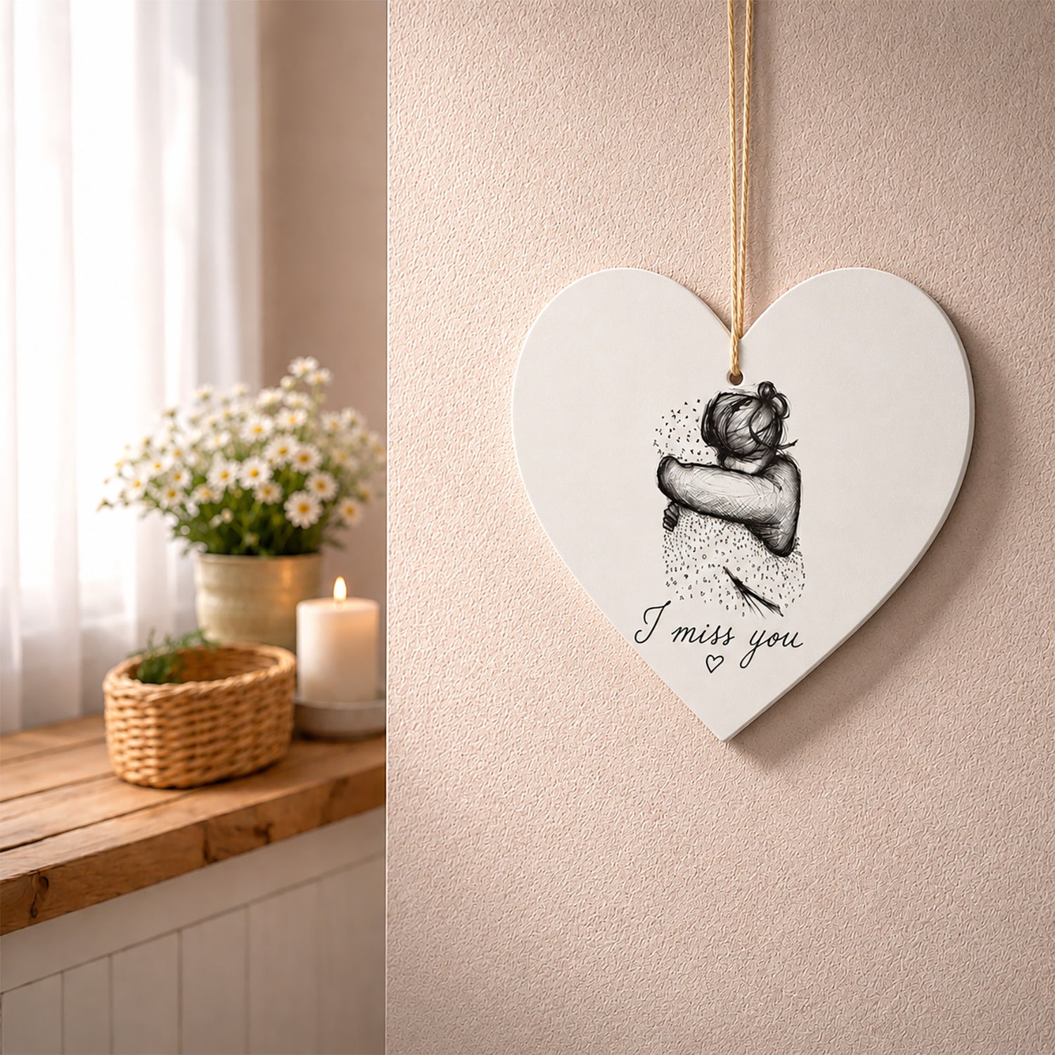 wooden heart memorial plaque with I miss you wording and sketch-style hug illustration hanging on a wall