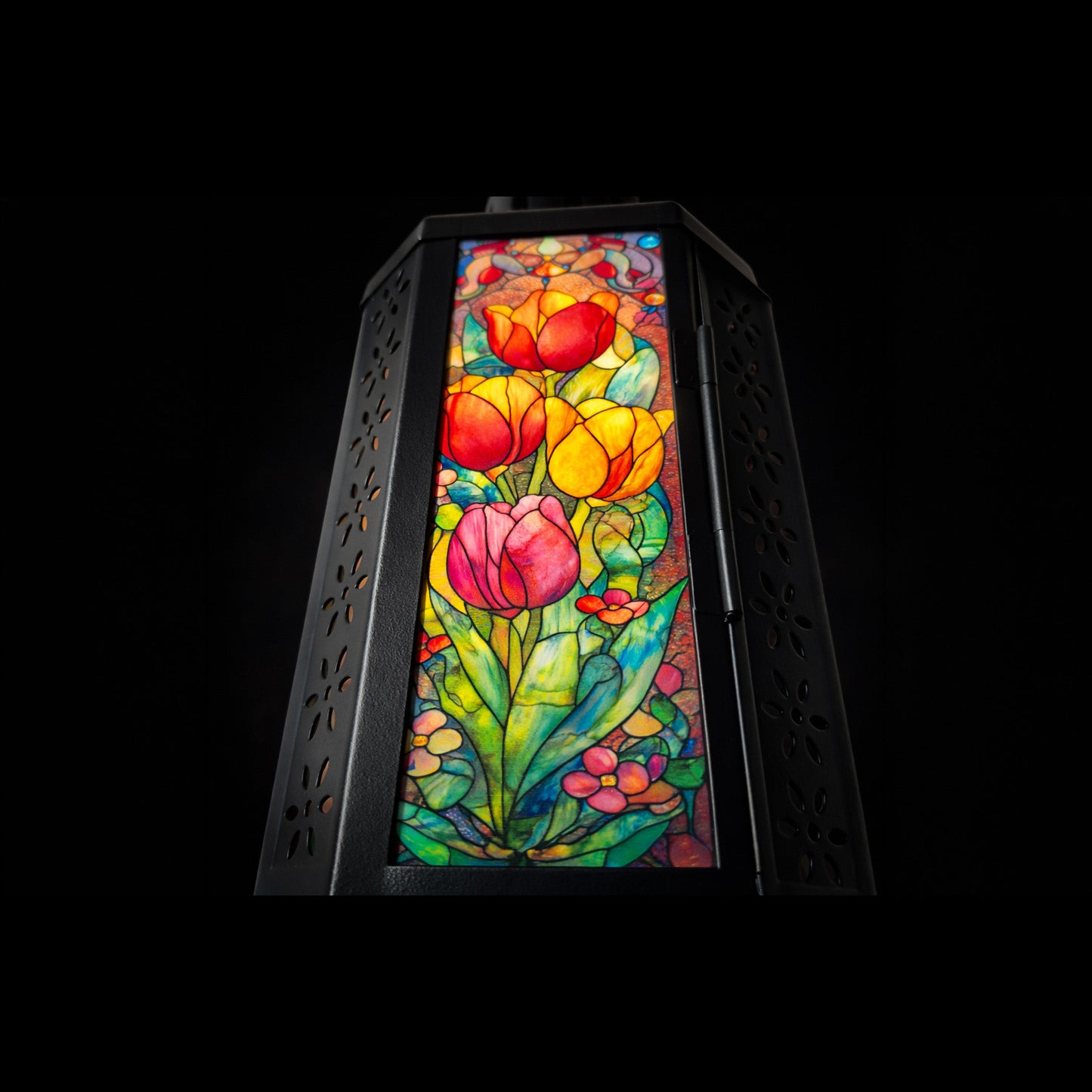 Close-up of personalised floral glass lantern panel featuring colourful tulip design