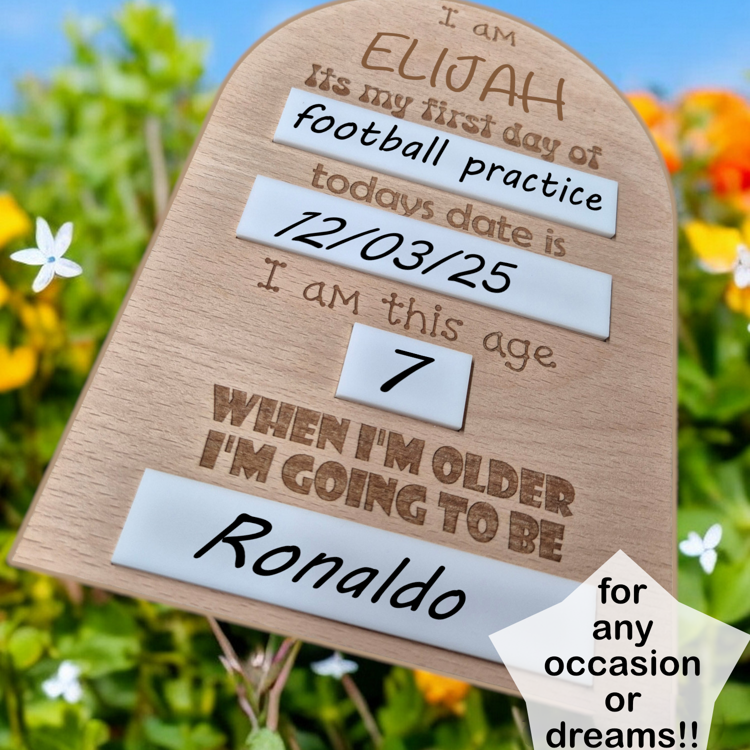 Kids milestone sign with engraved name and dry wipe sections, ideal for photo props.