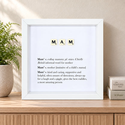 Mam Scrabble-style definition frame displayed in a styled home interior