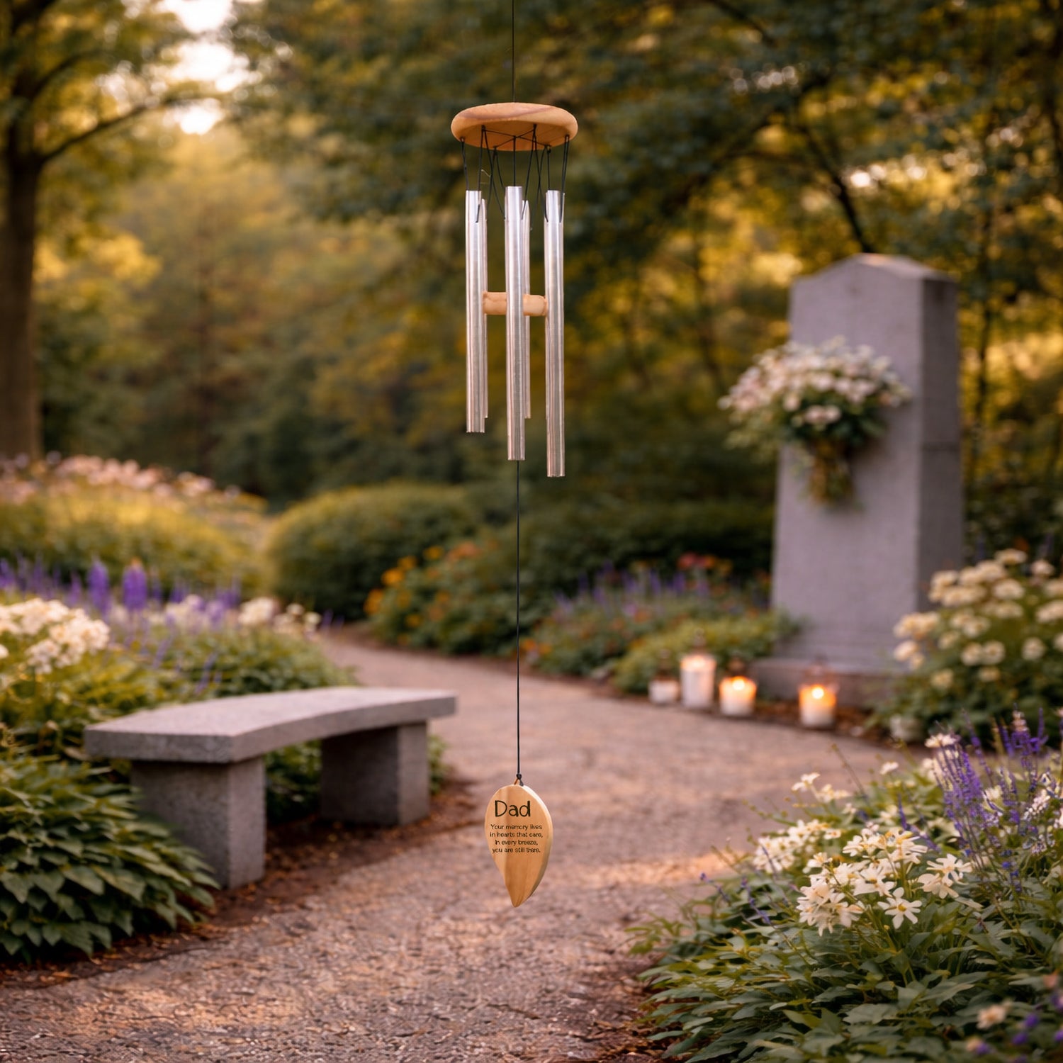 Personalised Wind chime with a 'Dad' engraved and a memorial verse in a garden setting with a bench and flowers.