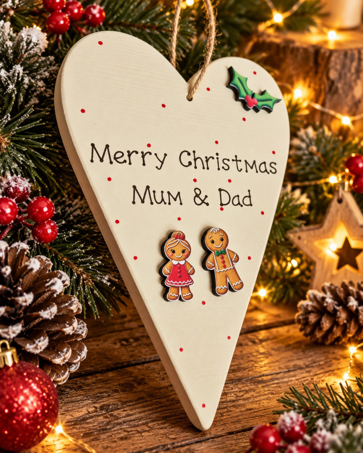 Merry Christmas Mum and Dad wooden heart plaque in gingerbread design with Christmas lights, greenery and pine cones