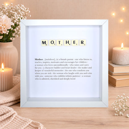 Mother Scrabble-style definition boxed frame with Scrabble tiles