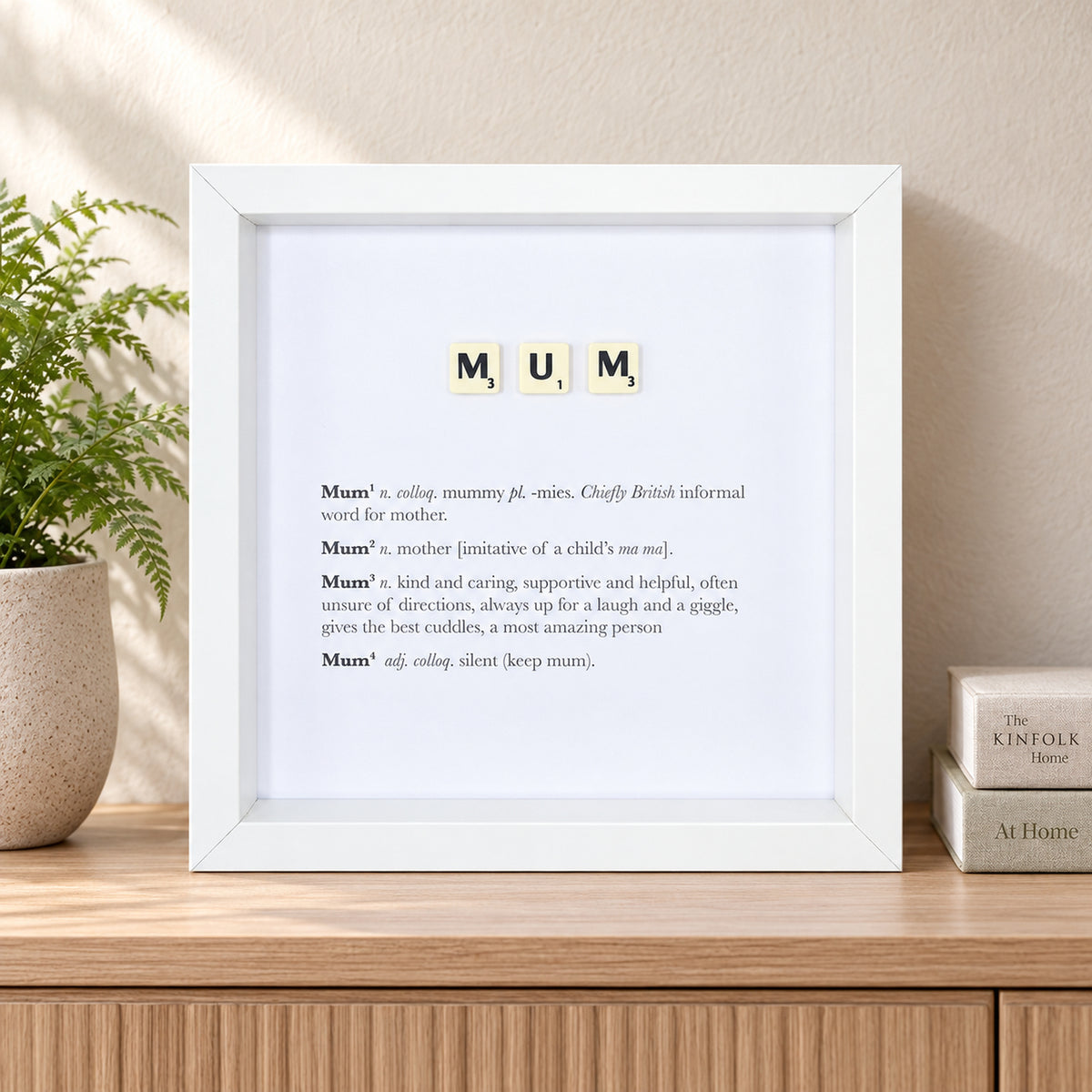 Mum Scrabble-style definition frame displayed in a styled home interior