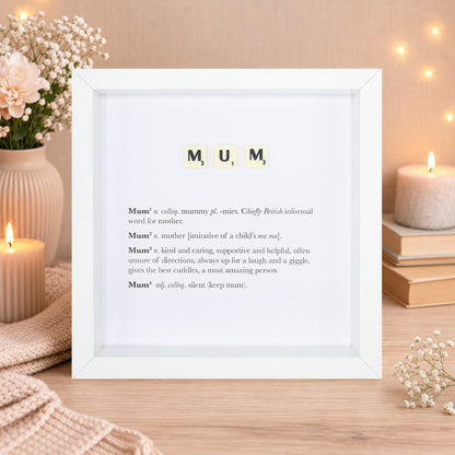 Mum Scrabble-style definition boxed frame with Scrabble tiles