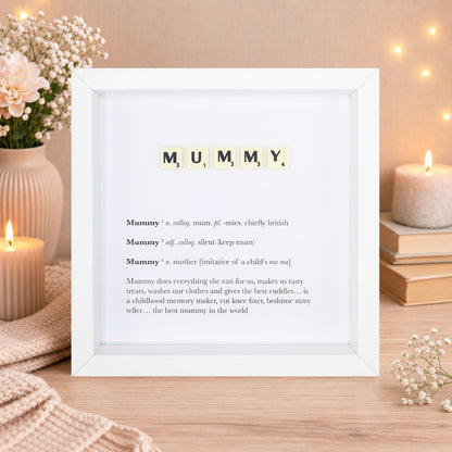 Mummy Scrabble-style definition boxed frame with Scrabble tiles