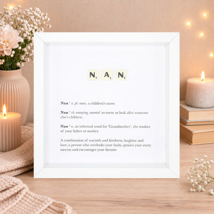 Nan Scrabble-style definition boxed frame with Scrabble tiles